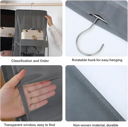 Purse organizer for closet black 8 Pocket Hanging Wallet Handbag Organizer 360° Rotatable Metal Hook Closet Organizers and Storage Gray