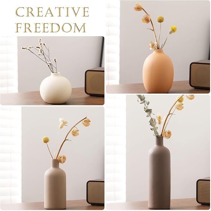 Ceramic Vase Set of 4 - Handcrafted Ceramic Vases for Home Decor & Shelf - Modern Farmhouse Decor for Kitchen, Office, Bedroom & Living Room Decorative Objects for Mantel, Table Centerpieces