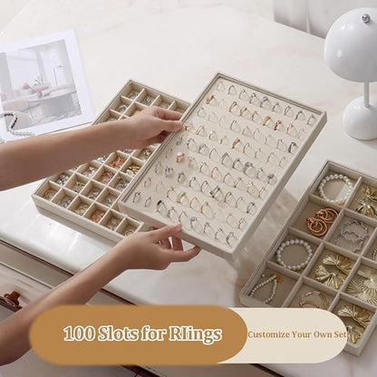 Large Velvet Jewelry Tray 2 Pack Stackable Jewelry Display Drawer Inserts Trays Organizer for Earring Bracelet Necklace Ring (Beige, Ring 81 Slots)