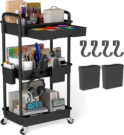 LLMRR 3 Tier Rolling Utility Cart with Drawer, Plastic Storage Organizer Rolling Carts with Wheels Handles Hanging Cups Hooks for Office, Bathroom, Kitchen,Craft Art Room (Black)