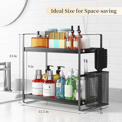 LEMIKKLE Bathroom Organizer Countertop, Counter Organizer for Bathroom Decor, Wooden Sink Shelf for Vanity Storage, Makeup Tray for Perfume Skincare Bedroom Kitchen Corner (Black)