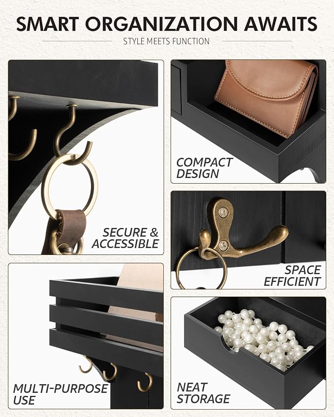 Rebee Vision Modern Key Holder Wall Mount with Mini Drawer Organizer - Decorative Mail Organizer with 9 Key Hooks and Floating Shelf - Stylish Home Decor for Apartment Essentials (Black)