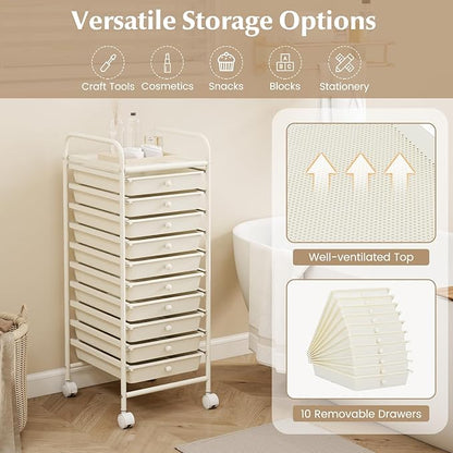 RELAX4LIFE 10 Drawer Rolling Cart - Slim Storage Cart w/Lockable Wheels for Classroom School Teacher Office, Art Supplies Paper Scrapbook Craft Organizers, Utility Cart with Drawers (White)