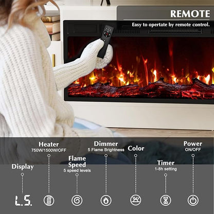 LEMBERI 70" Fireplace TV Stand for TVs up to 80", 36" Electric Fireplace 750W/1500W Entertainment Center with 20-Color LED, 300lbs Max Capacity High Gloss Storage Cabinet Console, White