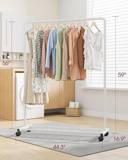 Sakugi Clothes Rack - Clothing Rack with Storage Mesh Shelf & Casters, Heavy-Duty Metal Clothing Rack for Hanging Clothes, Dresses, Coats, Large Load Capacity, Easy Assembly, White, 44.3"x16.9"x59.0"