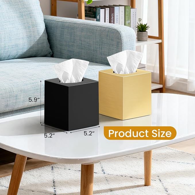 2 Pack Tissue Box Cover, Square Acrylic Tissue Holder, Decorative Facial Tissue Box Vessel Cube Paper Organizer Dispenser for Bathroom Office, Night Stand, Desk, Car, Vanity, Countertops, Gold