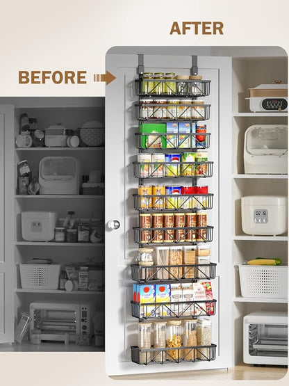 Delamu Adjustable Over the Door Pantry Organizer, 9-Tier Metal Pantry Organization and Storage for Kitchen, Hanging Spice Rack Seasoning Shelves, Cabinet Door Organizer for Easy Install, 16" Black