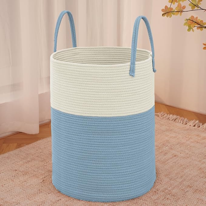 JMvicyroam Large Woven Laundry Basket Hamper,80L Cotton Rope Storage Bin for Blankets,Toys and Clothes,Decorative Tall Nursery Hamper for Living Room,Baby Nursery,Bathroom and Bedroom,White and Blue