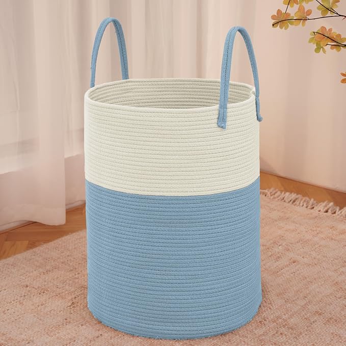 JMvicyroam Large Woven Laundry Basket Hamper,80L Cotton Rope Storage Bin for Blankets,Toys and Clothes,Decorative Tall Nursery Hamper for Living Room,Baby Nursery,Bathroom and Bedroom,White and Blue