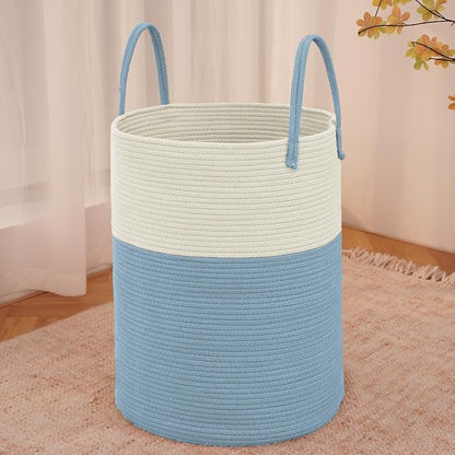 JMvicyroam Large Woven Laundry Basket Hamper,80L Cotton Rope Storage Bin for Blankets,Toys and Clothes,Decorative Tall Nursery Hamper for Living Room,Baby Nursery,Bathroom and Bedroom,White and Blue