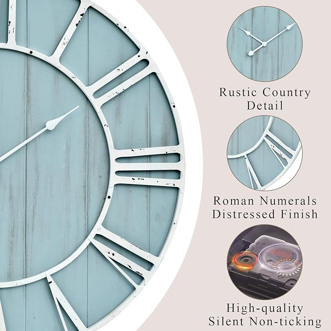 EMAX HOME Large Farmhouse Wall Clock 30 Inch Vintage Blue Wooden Wall Clock with Quiet Ticking and Minimalist Roman Numerals for Bedroom Living Room Office Kitchen Home Decor, Battery Operated