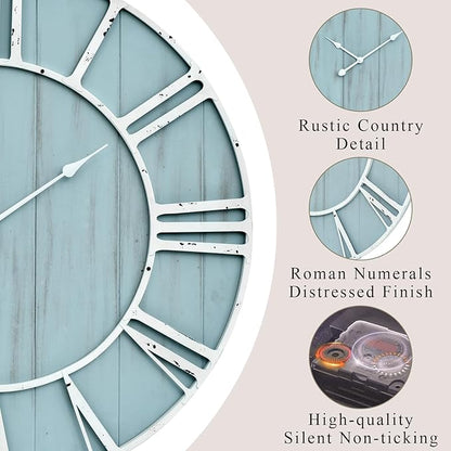 EMAX HOME Large Farmhouse Wall Clock 30 Inch Vintage Blue Wooden Wall Clock with Quiet Ticking and Minimalist Roman Numerals for Bedroom Living Room Office Kitchen Home Decor, Battery Operated