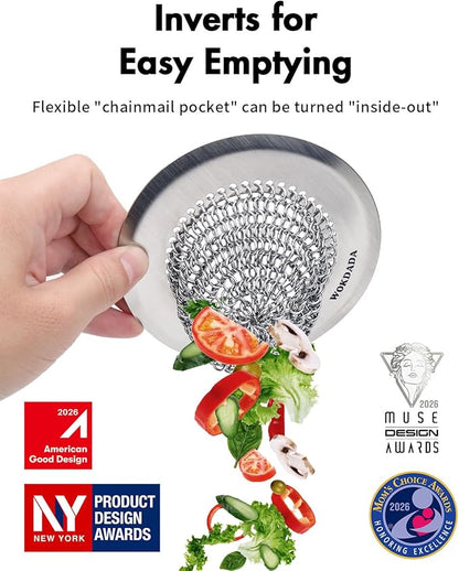 Revolutionary Kitchen Sink Drain Strainer/Patented Reversible Chain Mesh, Effortless Cleaning & Debris Catcher, Large Capacity, Anti-Clog, 304 Stainless Steel & Rust-Proof/Handmade