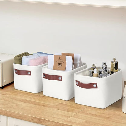Kntiwiwo Small Fabric Storage Bins, 7.8x6.7x5.9 inch Mini Storage Cubes 4-Pack Storage Basket for Makeup Collapsible Fabric Storage Organizer with Handles, Decorative Basket for Desk, Shelves, White