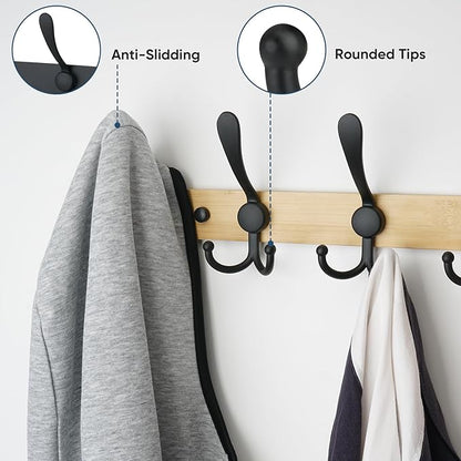 TICONN Wall Mounted Coat Rack, Five Heavy Duty Tri Hooks All Metal Construction for Jacket Coat Hat in Mudroom Entryway (Wood Black, 2-Pack)