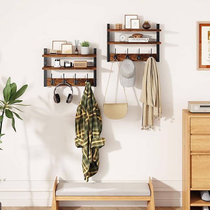 YMYNY Coat Rack Wall Mount with Shelf, Two-Tier Wall Shelf Mounted with 8 Hooks, Wooden Wall Coat Rack for Entryway, Bedroom for Hanging Clothes/Coats/Keys/Hats/Towels, Rustic Brown, HWS009H-2
