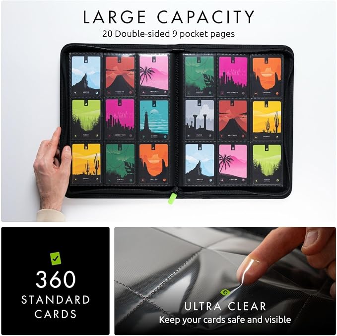 Vault X 9 Pocket Zip Binder, 360 Cards, Exo-Tec Material, 20 Side-Loading Pages (Black)