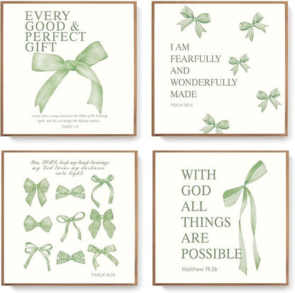 LARTSFRO Coquette Sage Green Bow Wall Art Decor Posters, Sage Green Bow Room Bedroom Bathroom Wall Art Decor Aesthetic for Teen Girls Gifts, Inspirational Bible Verses Bow Wall Decor, 10x10 Inch Set of 4 Bow Pictures Unframed
