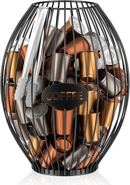 Uniclife Cup Holder with Ice Tongs, Large Capacity Coffee Pod Holder for 10-30 Capsules, Metal Wire Cup Organizer Coffee Pod Organizer, Storage Basket for Kitchen Office Accessories