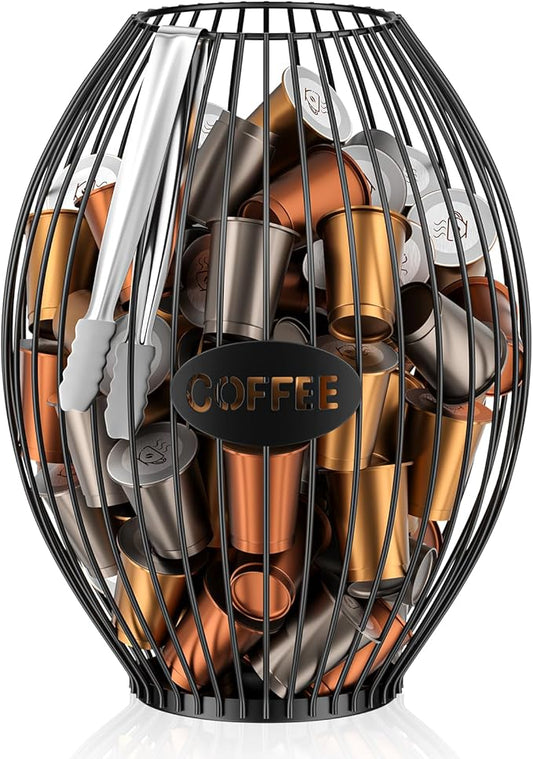 Uniclife Cup Holder with Ice Tongs, Large Capacity Coffee Pod Holder for 10-30 Capsules, Metal Wire Cup Organizer Coffee Pod Organizer, Storage Basket for Kitchen Office Accessories