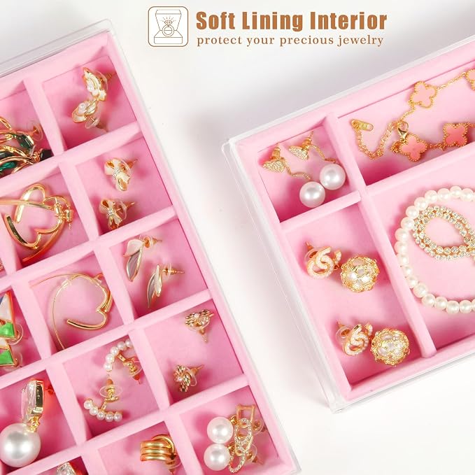 5 Drawers Clear Jewelry Box for Women and Girls, Acrylic Earring Holder Organizer Ring Holder Display Storage, Pink