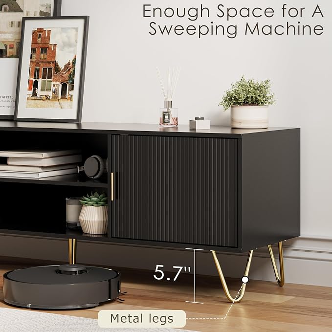 TV Stand for 55-65 inch TV, Entertainment Center with Soft Hinge Door,TV Console Table with 2 Cabinets with Gold Handle and Feet,for Living Room, Bedroom, Black