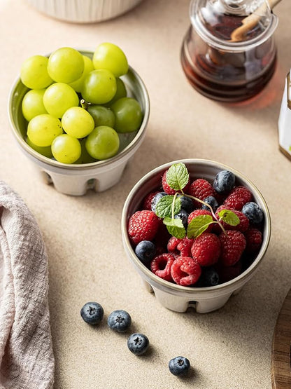 Gomakren Ceramic Fruit Basket Set of 2, Round Fruit Bowl with Holes, Fruit Storage Containers for Fridge, Small Berry Basket for Kitchen Counter, Berries, Strawberry, Grape, Cherry, White