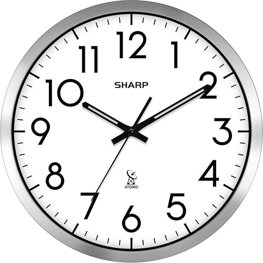 Sharp Atomic Analog Wall Clock - 12" Silver Brushed Finish Sets Automatically- Battery Operated Easy to Read Use: Simple, Style fits Any Decor
