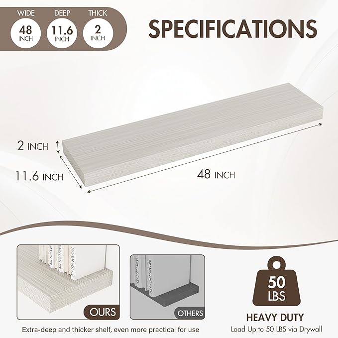 Acovy 48 Inch Floating Shelves, 12" Deep Floating Shelf Wall Mounted, 48" Wall Shelves, Rustic Deep Bookshelf, Extra Deeper & Thicker Display Shelves for Bedroom, Living Room, Gray, Set of 2