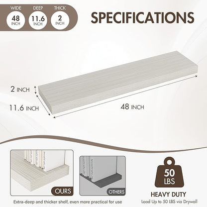 Acovy 48 Inch Floating Shelves, 12" Deep Floating Shelf Wall Mounted, 48" Wall Shelves, Rustic Deep Bookshelf, Extra Deeper & Thicker Display Shelves for Bedroom, Living Room, Gray, Set of 2