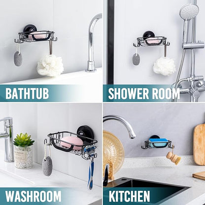 TAILI Bar Soap Holder Suction Cup with Hooks and Silicone Soap Saver Pad for Bath Shower Wall, Shampoo Caddy for Bathroom, Tub, Kitchen, Rustproof Stainless Steel Sponge Holder, Black