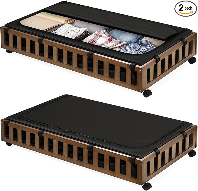Gashell 2 Pack Bamboo Under Bed Storage with Wheels, 39”x20”x7.8” Lager Under Bed Storage Containers (Brown)