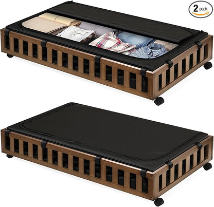 Gashell 2 Pack Bamboo Under Bed Storage with Wheels, 39”x20”x7.8” Lager Under Bed Storage Containers (Brown)