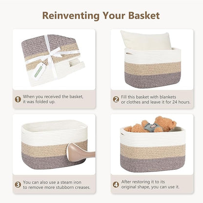 Cotton Rope Storage Basket, 15x10x9 Inches, Woven Basket for Shelves, Clothes, Towels, Books, and Laundry, Jute Brown (3 Pack)