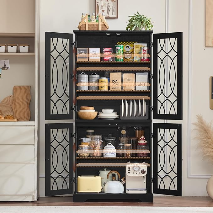 67" Tall Pantry Cabinet, Vintage Kitchen Pantries Cabinets with Glass Doors & Adjustable Shelves, Freestanding Wood Cupboard with Large Storage for Dingning Room, Bathroom, Black