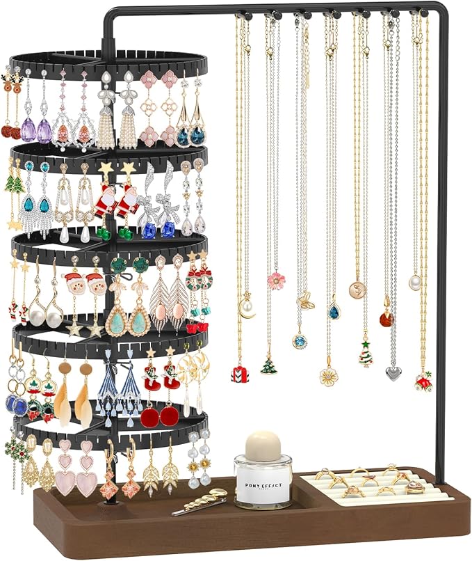 MODOWEY Earring Holder Organizer Jewelry Stand, 285 U-Slots Adjustable Rotating Earring Tree Rack, 14 Hooks Tall Necklace Display for Women, 5 Tier Compact Large Capacity Tower with Ring Tray, Black