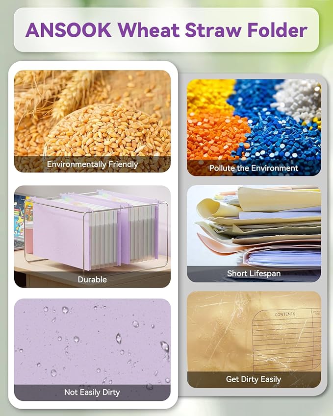 ANSOOK Wheat Straw Expanding Hanging File Folders Legal Size,1.2" Accordion Pockets File Organizer,3 Pack Filing Cabinet Folders,Large Capacity File Folder with Tabs,Purple Hanging File for Frame Box