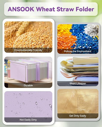 ANSOOK Wheat Straw Expanding Hanging File Folders Legal Size,1.2" Accordion Pockets File Organizer,3 Pack Filing Cabinet Folders,Large Capacity File Folder with Tabs,Purple Hanging File for Frame Box