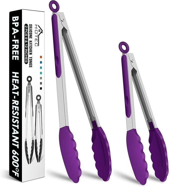 HOTEC Premium Stainless Steel Locking Kitchen Tongs with Silicon Tips, Set of 2-9" and 12" (Purple)