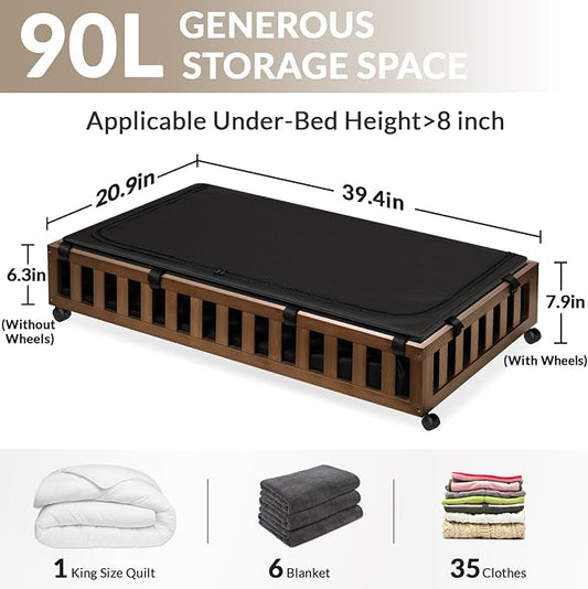 Gashell 2 Pack Bamboo Under Bed Storage with Wheels, 39”x20”x7.8” Lager Under Bed Storage Containers (Brown)