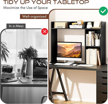 Desk Hutch, Desktop Shelf with 5 Shelves, Desk Bookshelf w/Anti-Toppling Devices, Wood Table Top Bookshelf Organizer, Small Desk Shelf for Study, Office, Dorm (Black, 5 Shelves)