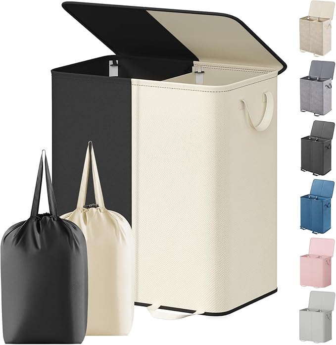 Lifewit Double Laundry Hamper with Lid and Removable Laundry Bags, Large Collapsible 2 Dividers Dirty Clothes Basket with Handles for Bedroom, Laundry Room, Closet, Bathroom, College, 155L White&Black