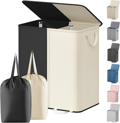 Lifewit Double Laundry Hamper with Lid and Removable Laundry Bags, Large Collapsible 2 Dividers Dirty Clothes Basket with Handles for Bedroom, Laundry Room, Closet, Bathroom, College, 155L White&Black