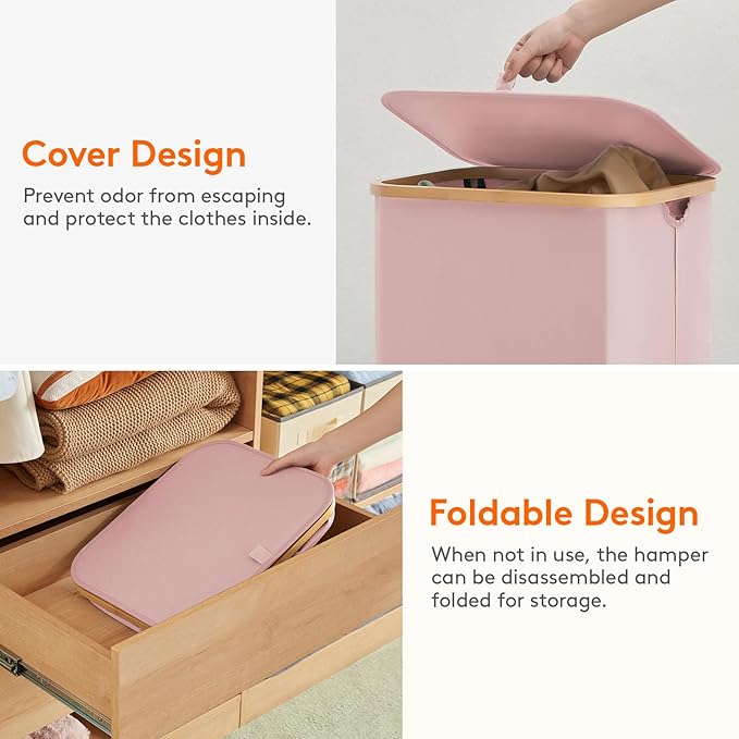 Lifewit 80L Laundry Basket with Lid, Clothes Hampers for Laundry with Bamboo Handles and 1 Removable Bag, Large Foldable Laundry Hamper for Bedroom, Bathroom, Dorm, Laundry Room, Pink