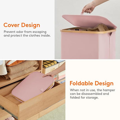 Lifewit 80L Laundry Basket with Lid, Clothes Hampers for Laundry with Bamboo Handles and 1 Removable Bag, Large Foldable Laundry Hamper for Bedroom, Bathroom, Dorm, Laundry Room, Pink