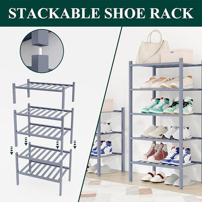 Smiry Small Bamboo Shoe Rack, 4 Tier Free Standing Wooden Shoe Organizer, Stackable Wood Shoe Storage Shelf for Closet, Entryway, 12 Vertical Slats, 2+2 Stack Standard Legs, 17.3"x11"x26", Grey