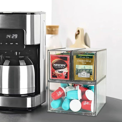 3 Tea and Coffee Organizer and Storage, Acrylic Tea Bag Holder Organizer, Plastic K Cup Drawer Container for Cabinet