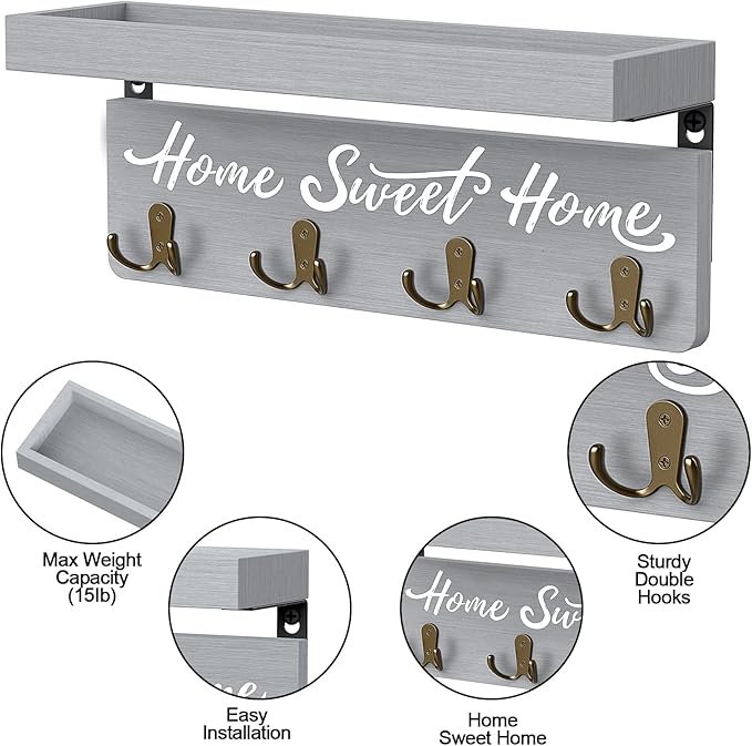 buways Key Holder Wall Mount with 4 Double Hooks-Solid Wood Wall-Mounted Organizer for Keys&Mail Rustic Key Rack Hanger Holder Home Decor for Entryway Living Room (Gray)