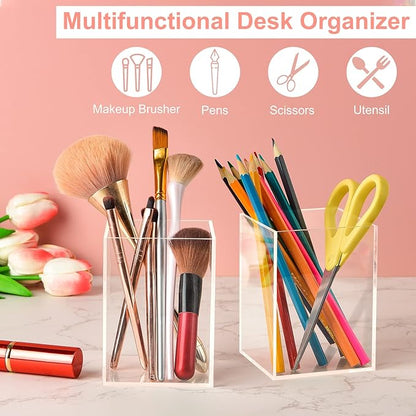 8 Pieces Clear Acrylic Pen Holder Acrylic Pencil Cup Clear Makeup Bush Holder Acrylic Desktop Stationery Organizer for Office School Home Desk Accessories (8 Pack, Square)