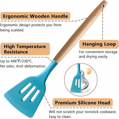 IOCBYHZ Silicone Kitchen Cooking Utensils Set, 5-Piece Non-Stick Silicone Kitchen Utensils Spatula Serving Spoons Turner Ladle Set w Wooden Handle Heat Resistant Cooking Gadgets for Nonstick Cookware
